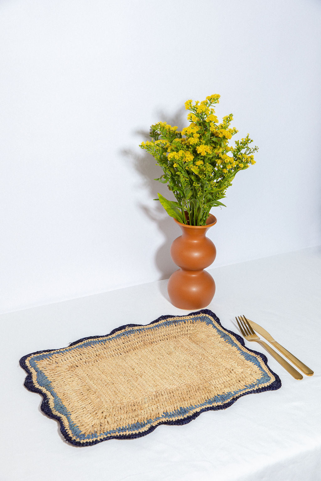 Garden Party placemats with Blue Edges, Handmade Woven Rectangular Table Mats, Natural raffia boho Placemat for Dining Table