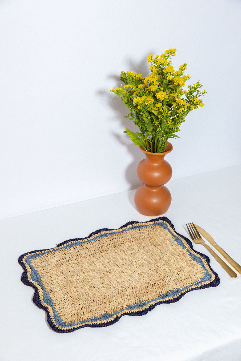 Garden Party placemats with Blue Edges, Handmade Woven Rectangular Table Mats, Natural raffia boho Placemat for Dining Table
