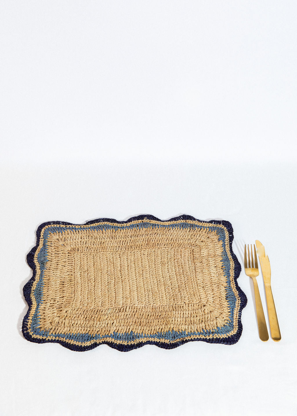 Garden Party placemats with Blue Edges, Handmade Woven Rectangular Table Mats, Natural raffia boho Placemat for Dining Table