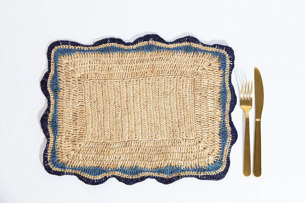 Garden Party placemats with Blue Edges, Handmade Woven Rectangular Table Mats, Natural raffia boho Placemat for Dining Table