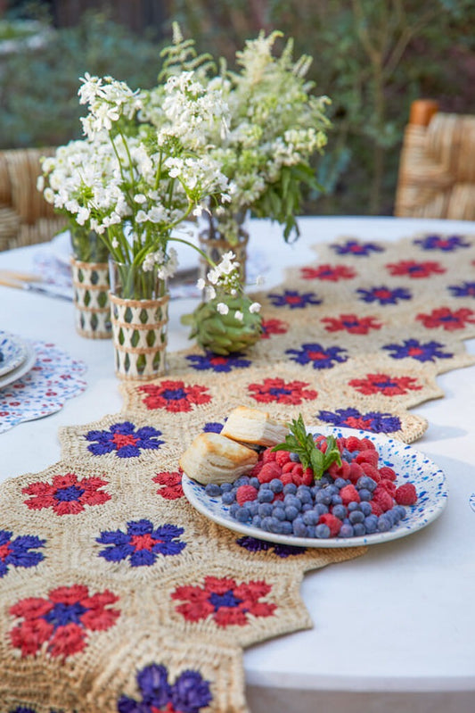 Handwoven Americana Flower Table Runner - Boho Style with Red and Blue Flowers