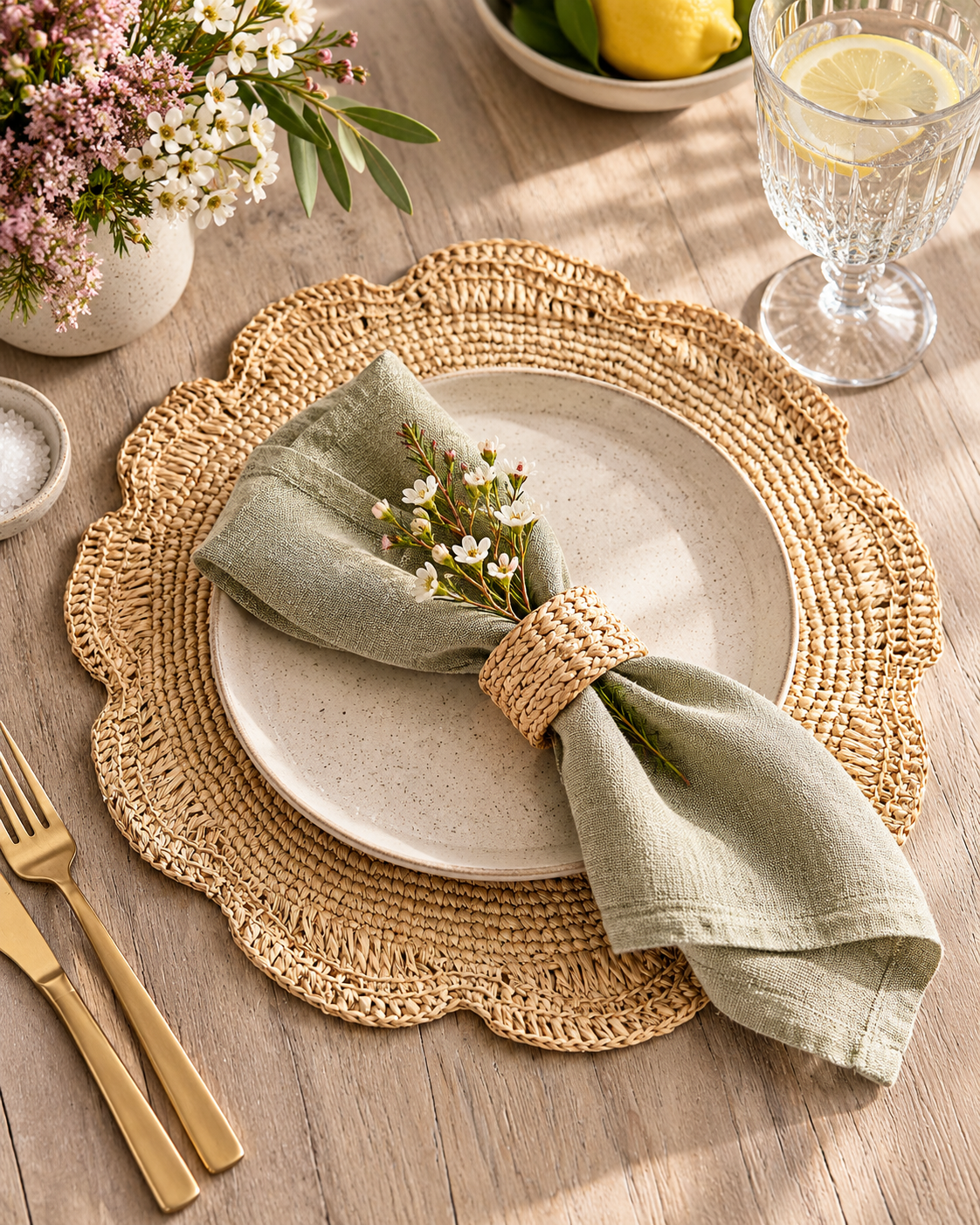 Handwoven Natural Raffia Scalloped Placemat | Round Woven Table Mat