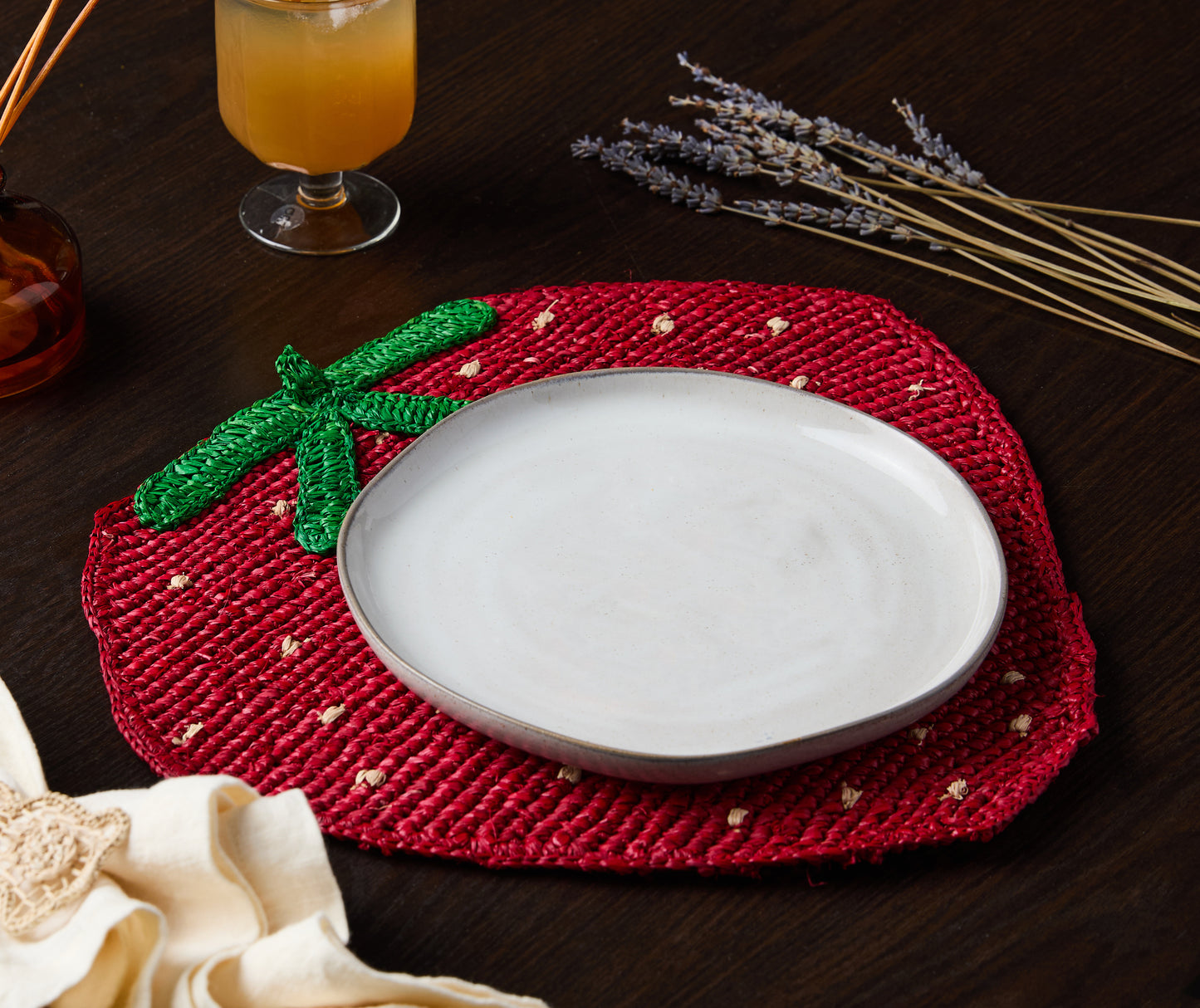 Strawberry Placemats β 14β Hand-Crocheted Raffia Palm, Artisan Summer Table Decor
