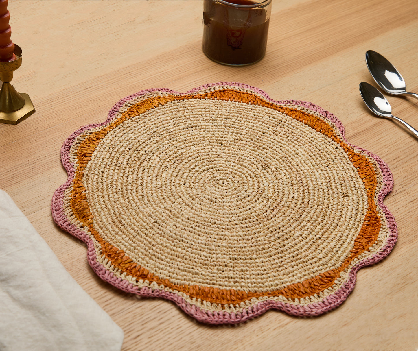 Round Pink Raffia Placemat β 14β Handwoven Crochet β Garden Party & Summer Table Decor