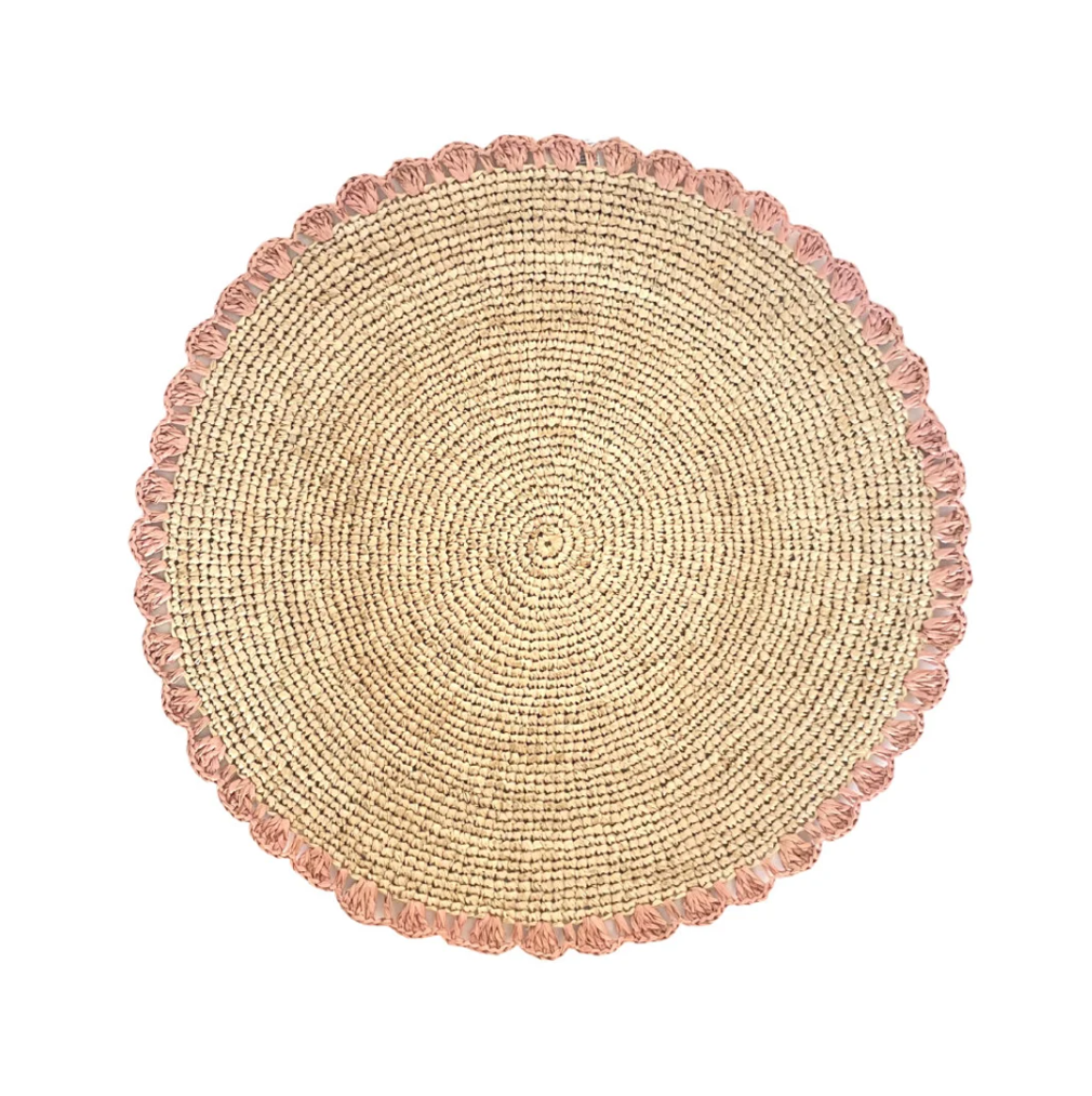 Round Pink Placemats – Handmade Raffia Crochet Table Mats – Natural 14” Placemat Set from Madagascar