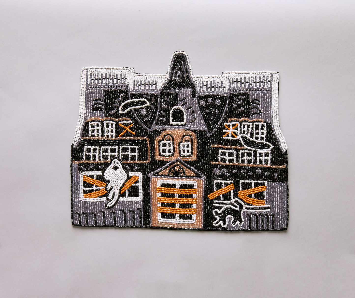 Haunted House Beaded Placemat – Handmade Halloween Table Mat – Spooky Ghost Cat Decor – Gothic Fall Dining Accent