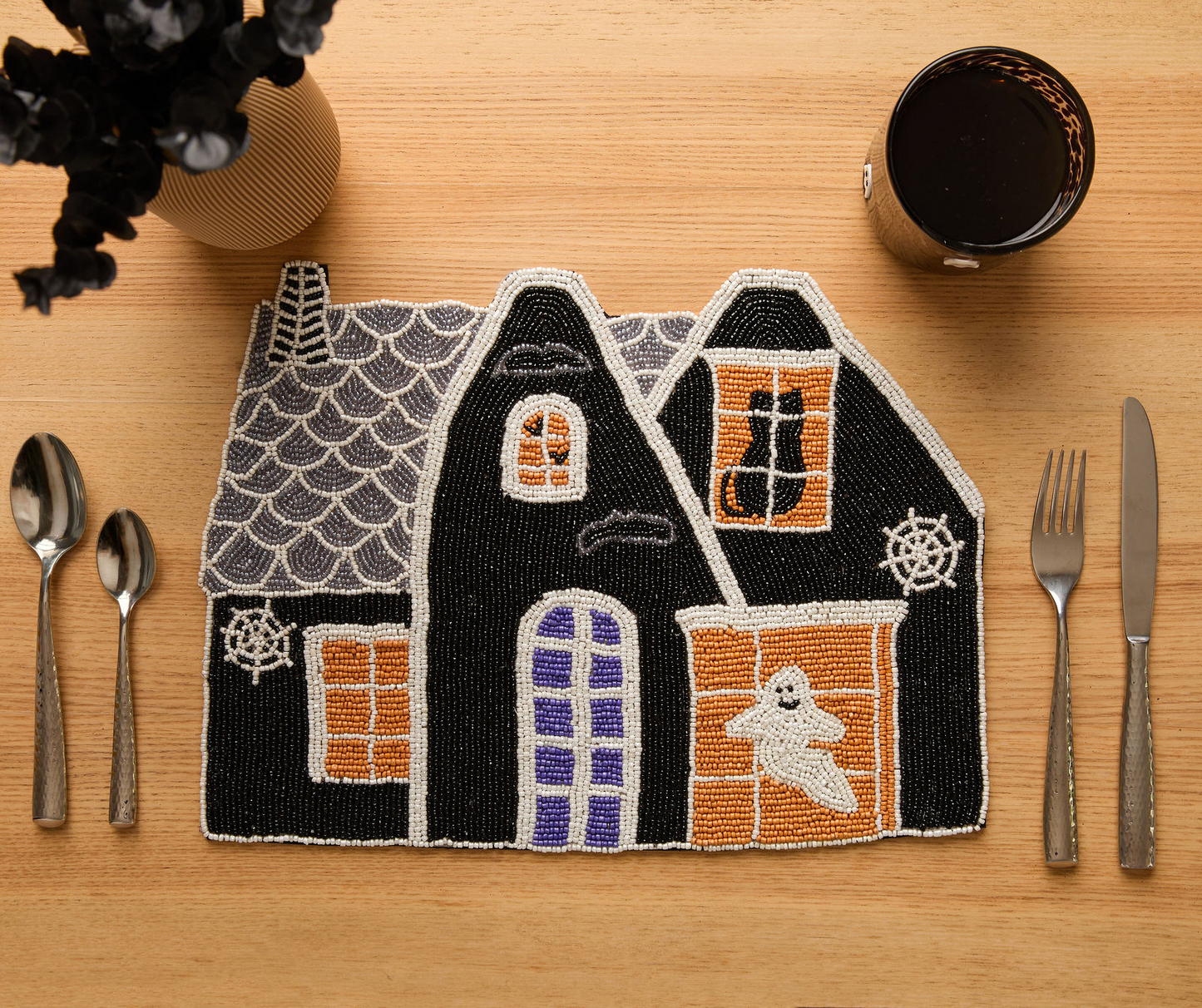 Haunted House Beaded Placemat Velvet Backing Handmade Halloween Table Decor Spooky Black Cat Ghost Mat Holiday Centerpiece
