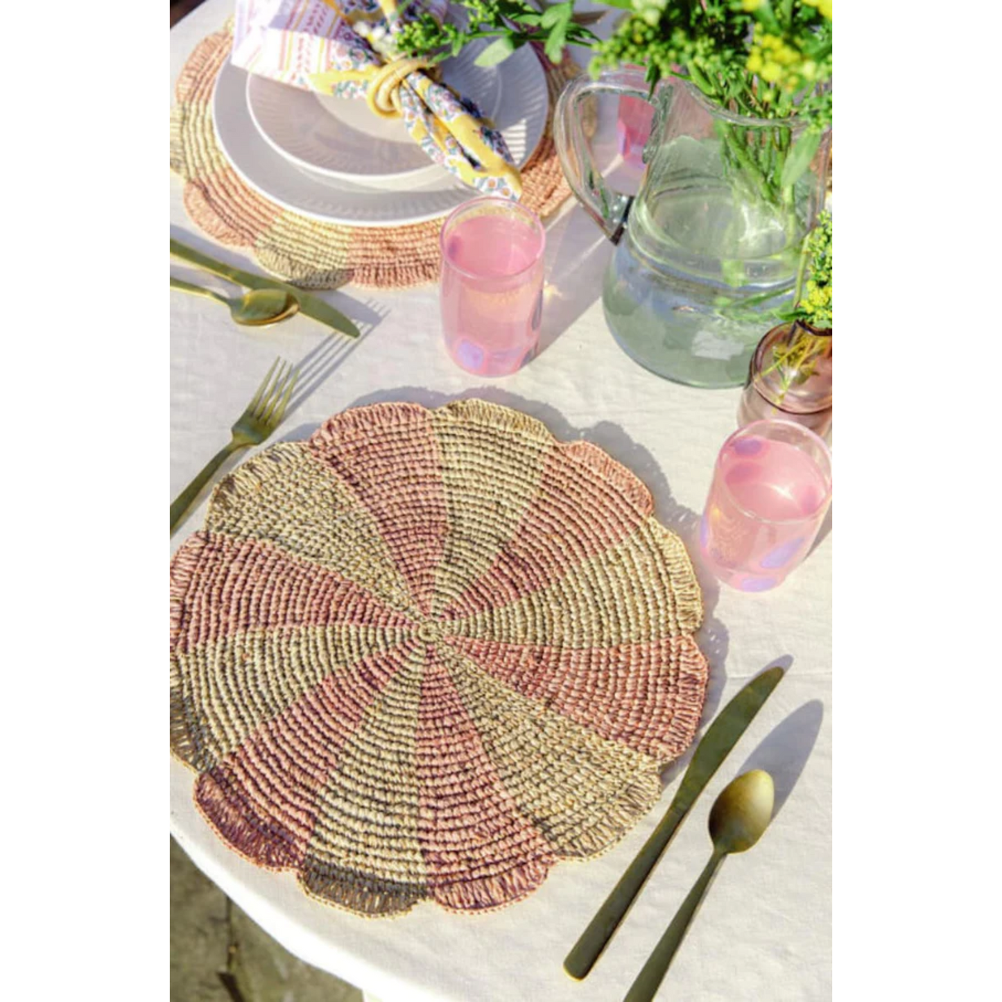 Pinwheel Pink Placemat, raffia tabletop