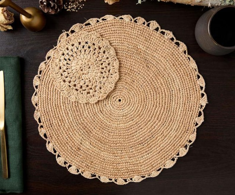 Crocheted Raffia Coasters - Handmade Boho Table Mats, Non-Slip & Heat Resistant Drink & Candle Coasters for Rustic & Decor