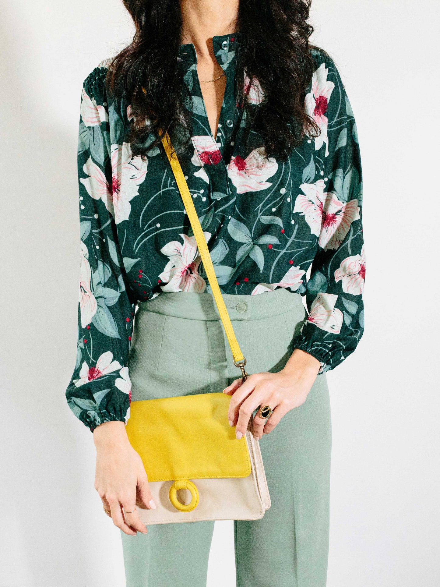 Leather Crossbody Wallet bag lemon and white- model wearing the bag- crossbody bags by Payton James