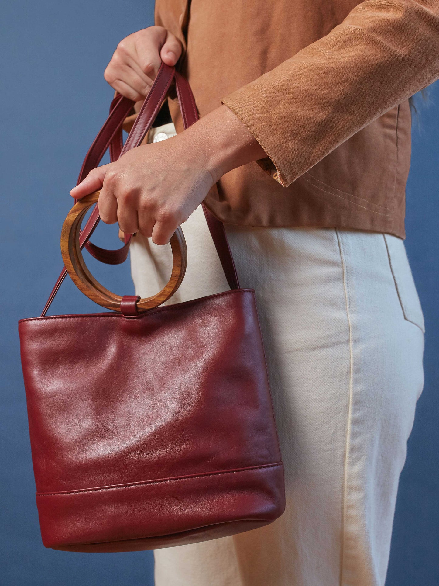 Mini Wood Bucket Tote - Cabernet