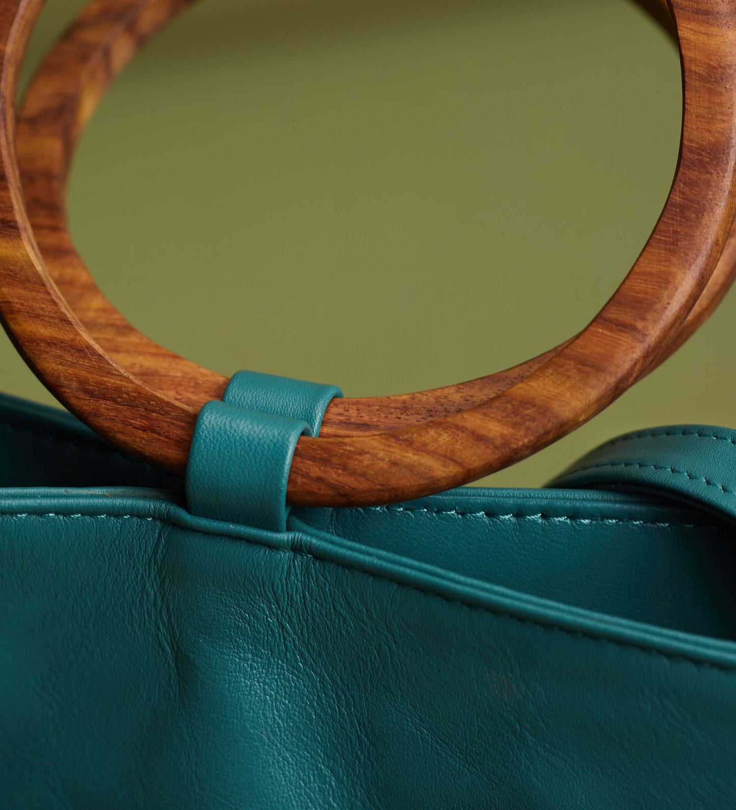 Leather Tote and Crossbody Emerald Mini Wood Tote by Payton James: Nashville Handbag Designer closeup of handle
