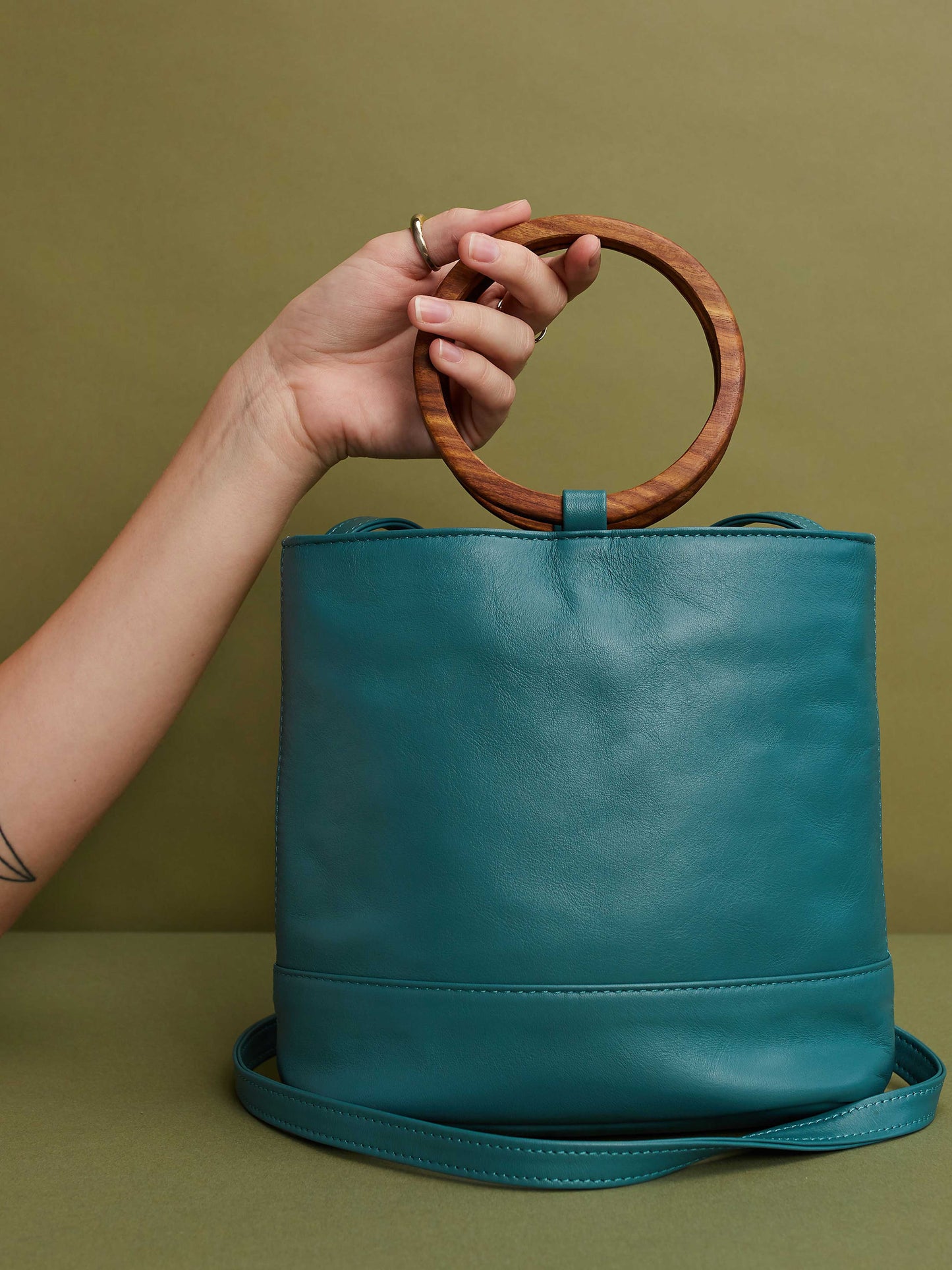 Leather Tote and Crossbody Emerald Mini Wood Tote by Payton James: Nashville Handbag Designer