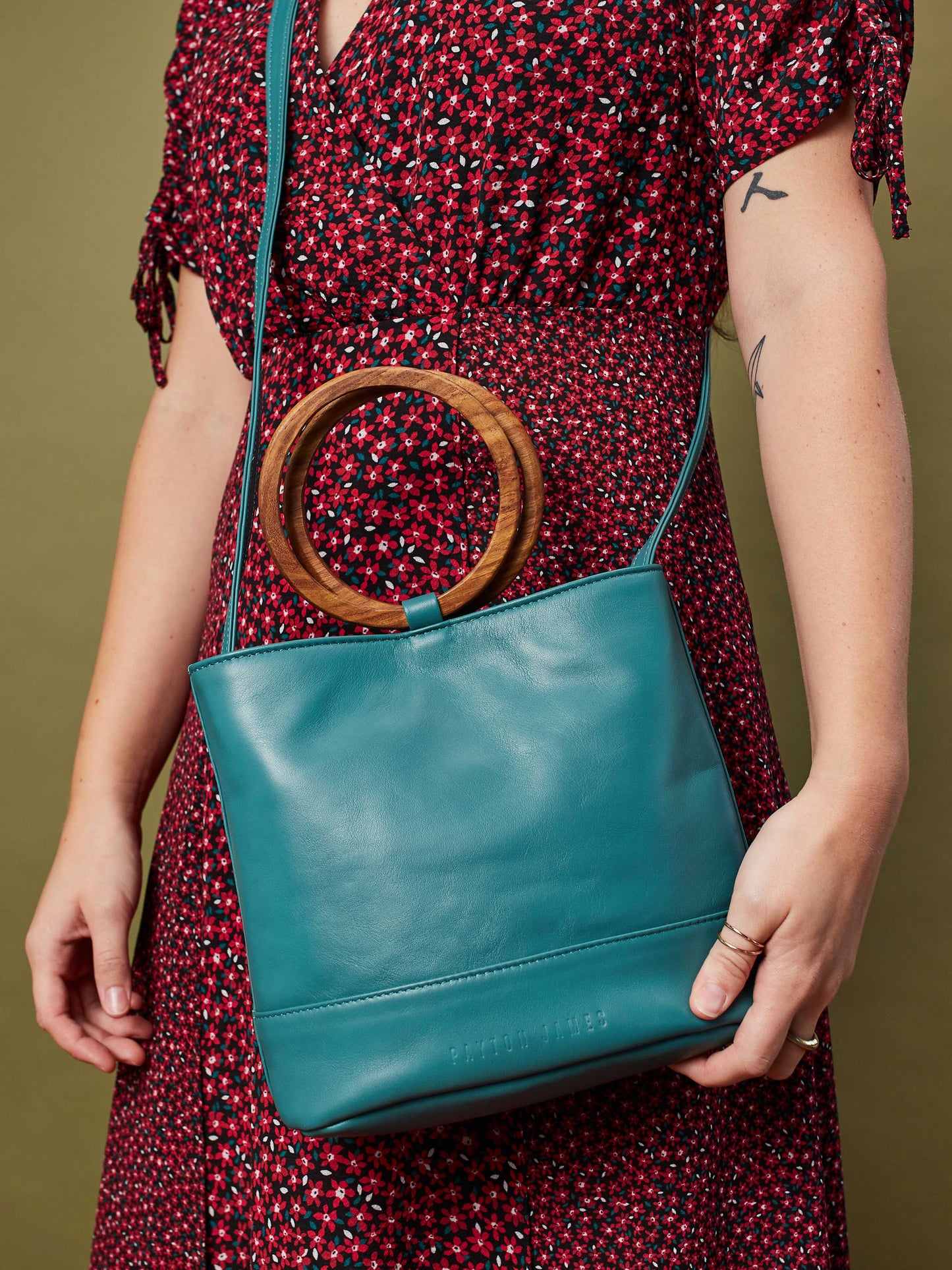 Leather Tote and Crossbody Emerald Mini Wood Tote by Payton James: Nashville Handbag Designer