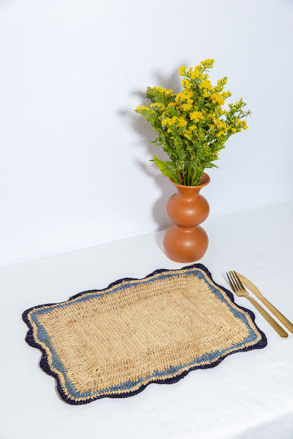 Garden Party placemats with Blue Edges, Handmade Woven Rectangular Table Mats, Natural raffia boho Placemat for Dining Table