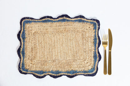 Garden Party placemats with Blue Edges, Handmade Woven Rectangular Table Mats, Natural raffia boho Placemat for Dining Table