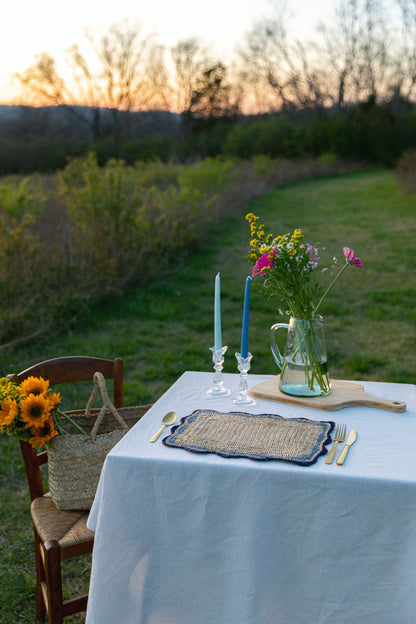 Garden Party placemats with Blue Edges, Handmade Woven Rectangular Table Mats, Natural raffia boho Placemat for Dining Table