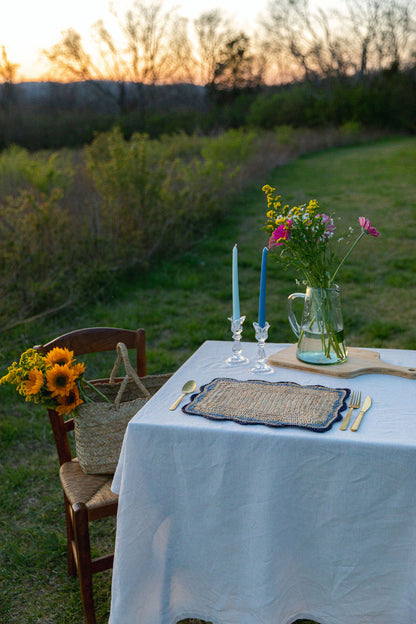 Garden Party placemats with Blue Edges, Handmade Woven Rectangular Table Mats, Natural raffia boho Placemat for Dining Table