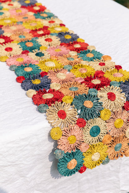 Fleur Raffia Flower Table Runner, Multicolor Flowers Woven Tabletop