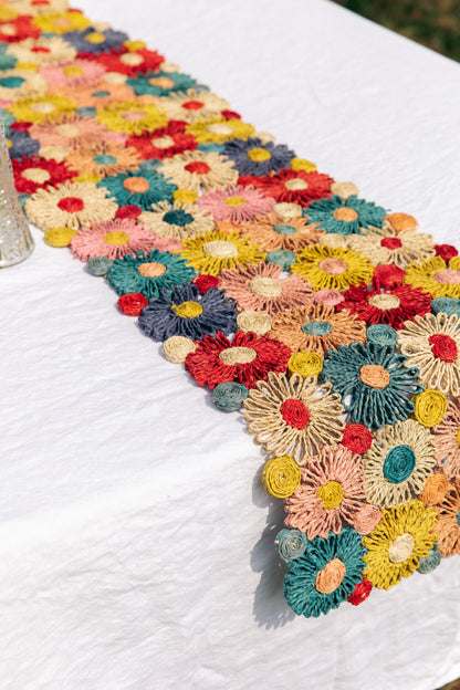 Fleur Raffia Flower Table Runner, Multicolor Flowers Woven Tabletop