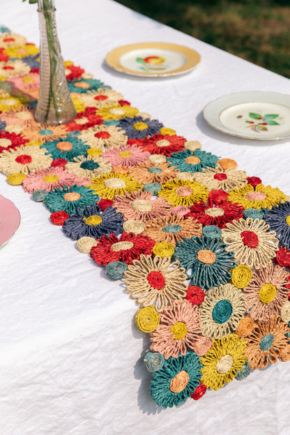 Fleur Raffia Flower Table Runner, Multicolor Flowers Woven Tabletop