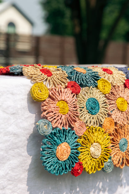 Fleur Raffia Flower Table Runner, Multicolor Flowers Woven Tabletop