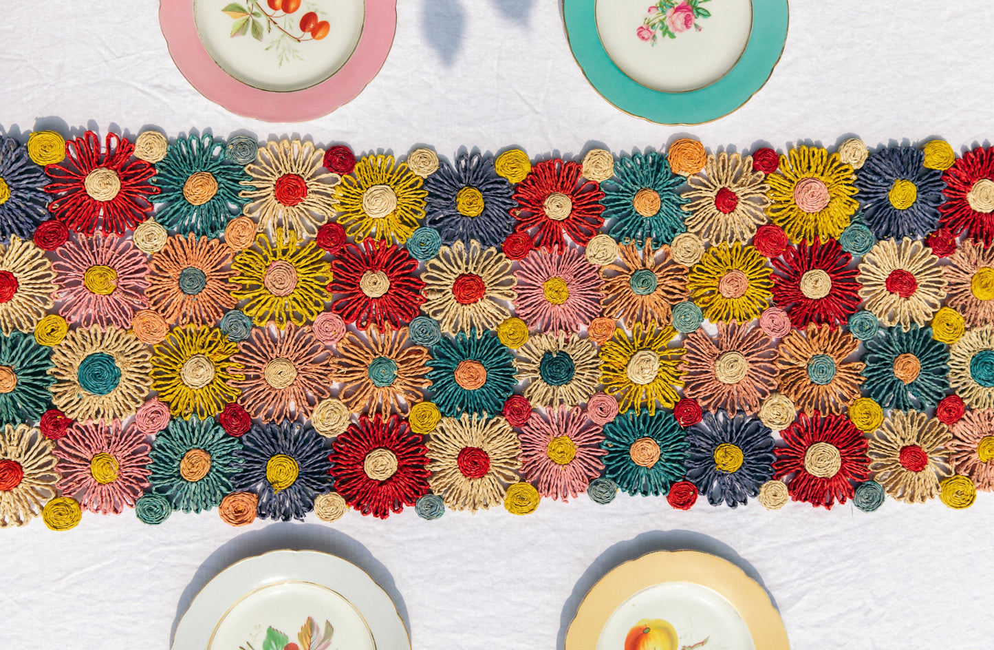 Fleur Raffia Flower Table Runner, Multicolor Flowers Woven Tabletop