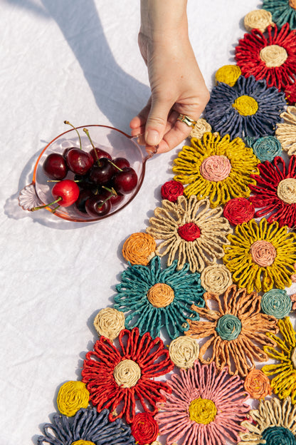 Fleur Raffia Flower Table Runner, Multicolor Flowers Woven Tabletop