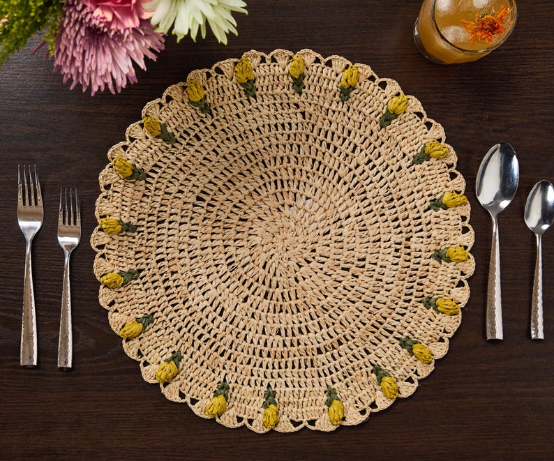 Handmade Tulip Placemats – Set of 4 Raffia Crochet – Spring & Easter Table Decor