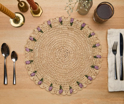 Tulip Floral Placemats – Hand-Crocheted Raffia – Elegant Spring Table Decor