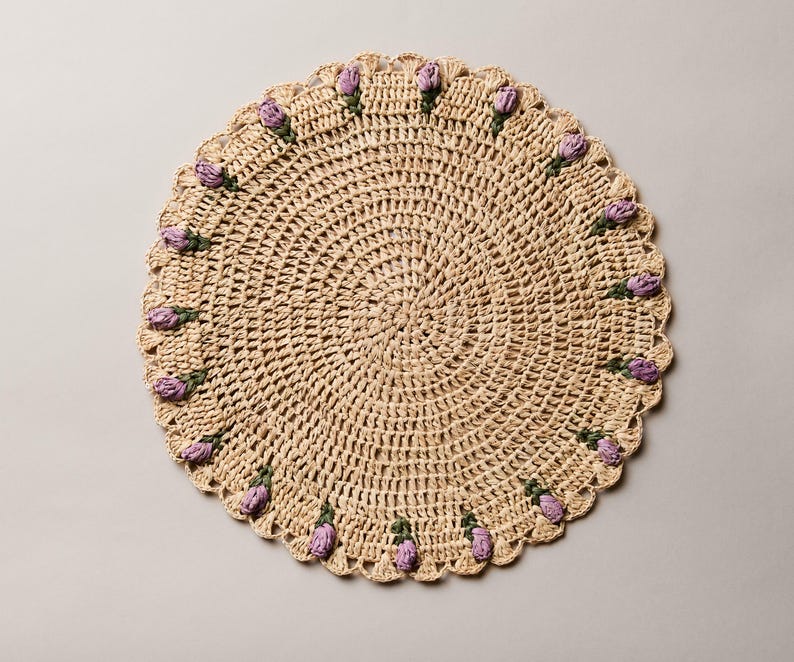 Tulip Floral Placemats – Hand-Crocheted Raffia – Elegant Spring Table Decor