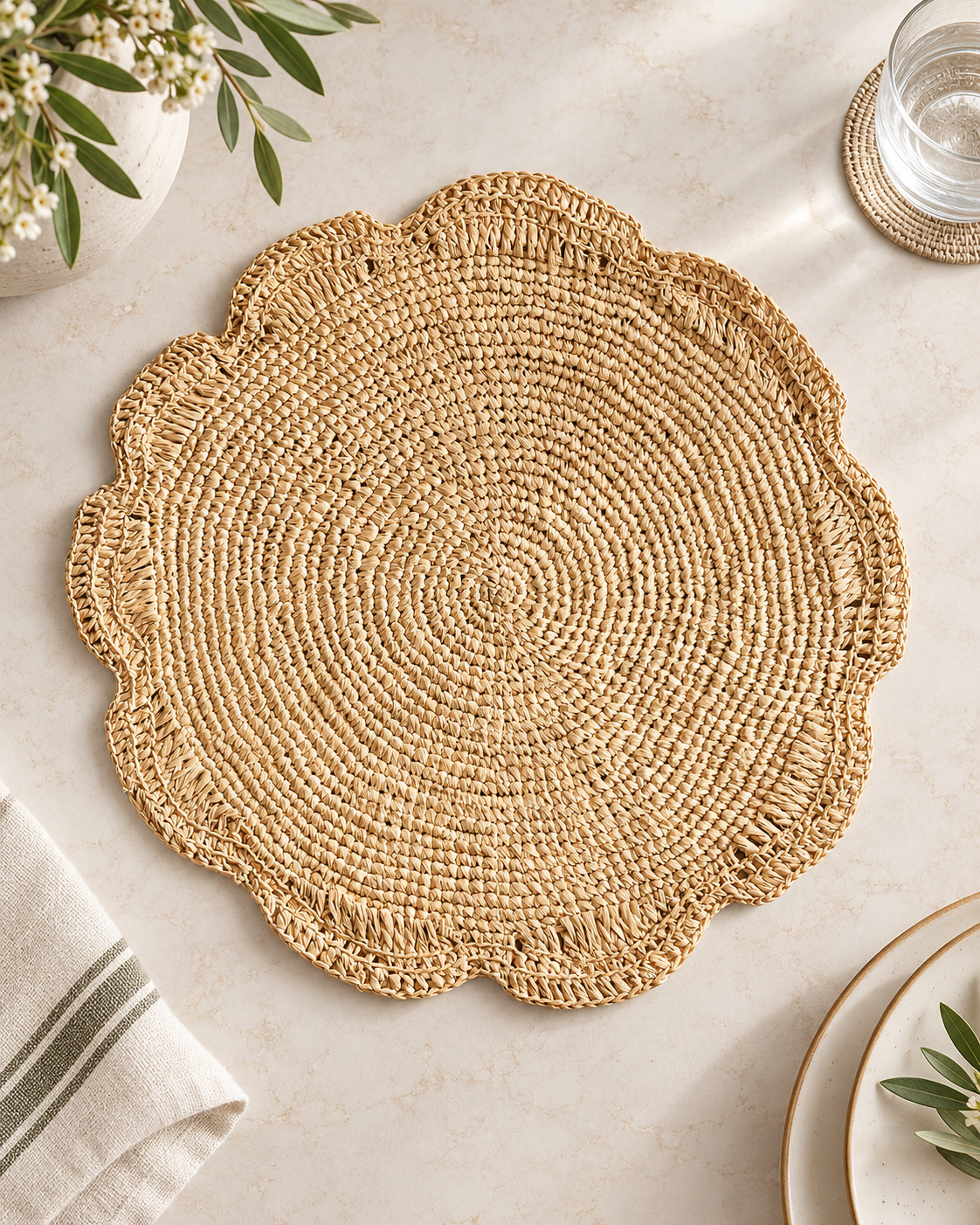Handwoven Natural Raffia Scalloped Placemat | Round Woven Table Mat