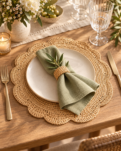 Handwoven Natural Raffia Scalloped Placemat | Round Woven Table Mat