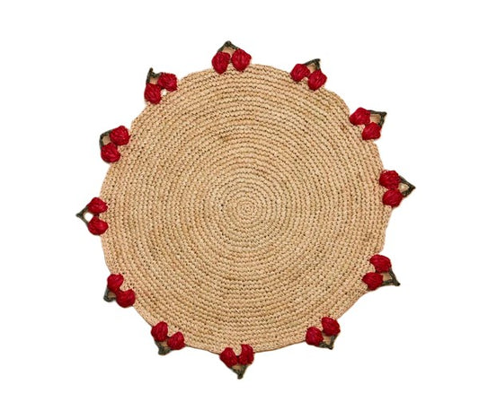 Cherry Scalloped Edge Placemat – 14” Hand-Crocheted Raffia – Artisan Summer Table Decor – Coastal & Boho Dining