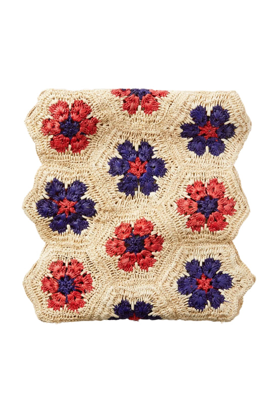 🇺🇸 Handwoven Americana Flower Table Runner & Scalloped Placemat – Payton James x Tuckernuck – Boho Style, Red & Blue Flowers, Natural Raffia