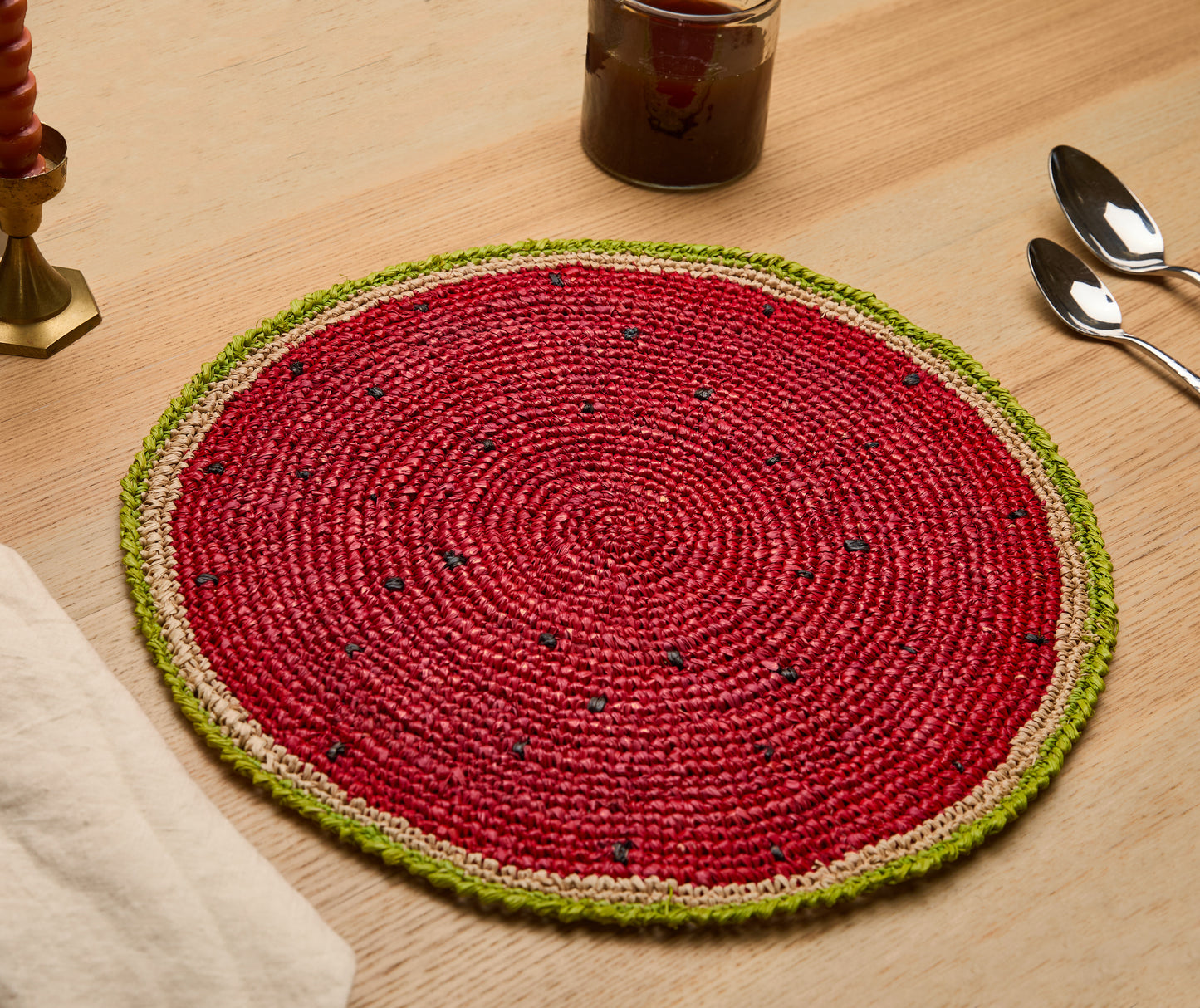 Watermelon Placemats – 14” Hand-Crocheted Raffia Palm, Artisan Summer Table Decor