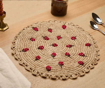 Scattered Strawberry Hand-Crocheted Raffia Palm Round Placemat