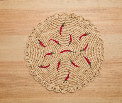 Scattered Chili Handwoven Raffia Round Placemat – Artisan Table Décor