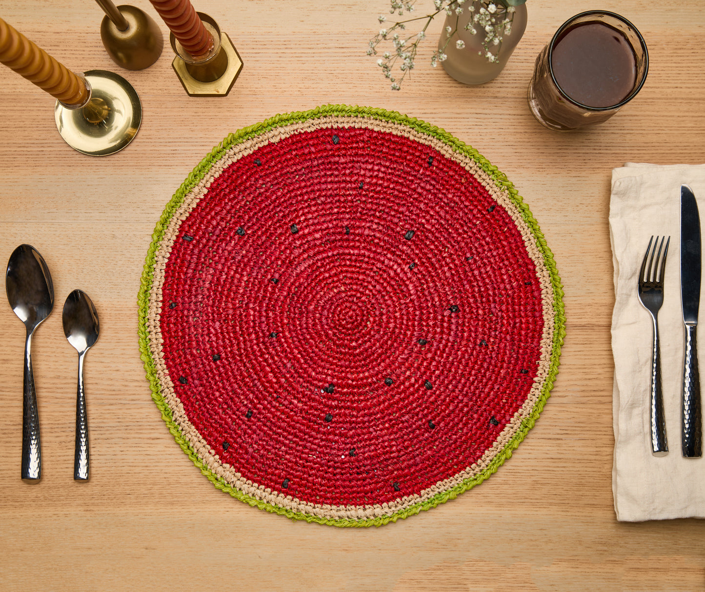 Watermelon Placemats – 14” Hand-Crocheted Raffia Palm, Artisan Summer Table Decor
