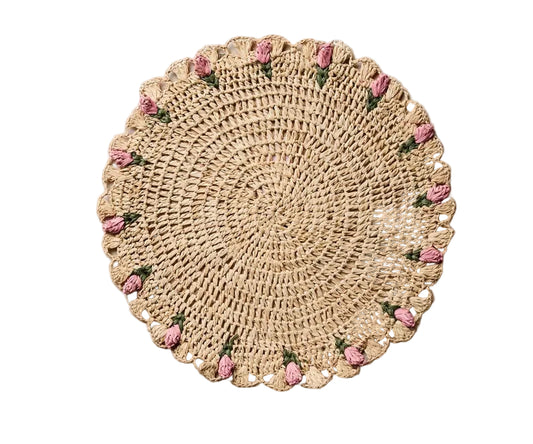 Tulip Floral Placemats – Hand-Crocheted Raffia Palm Floral Placemats – Spring Table Decor