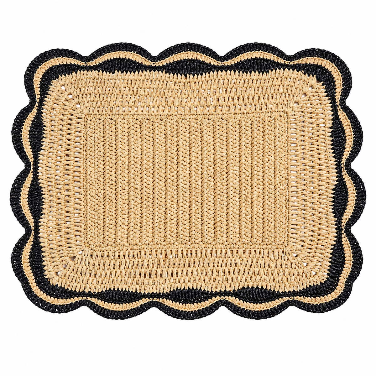 Black Scalloped Rectangular Woven Placemat | Natural & Black