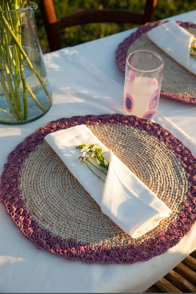 Round placemat with lavender edges, Colorful round placemat, natural fiber round placemat dining table decor , Handmade Placemat