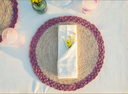 Round placemat with lavender edges, Colorful round placemat, natural fiber round placemat dining table decor , Handmade Placemat
