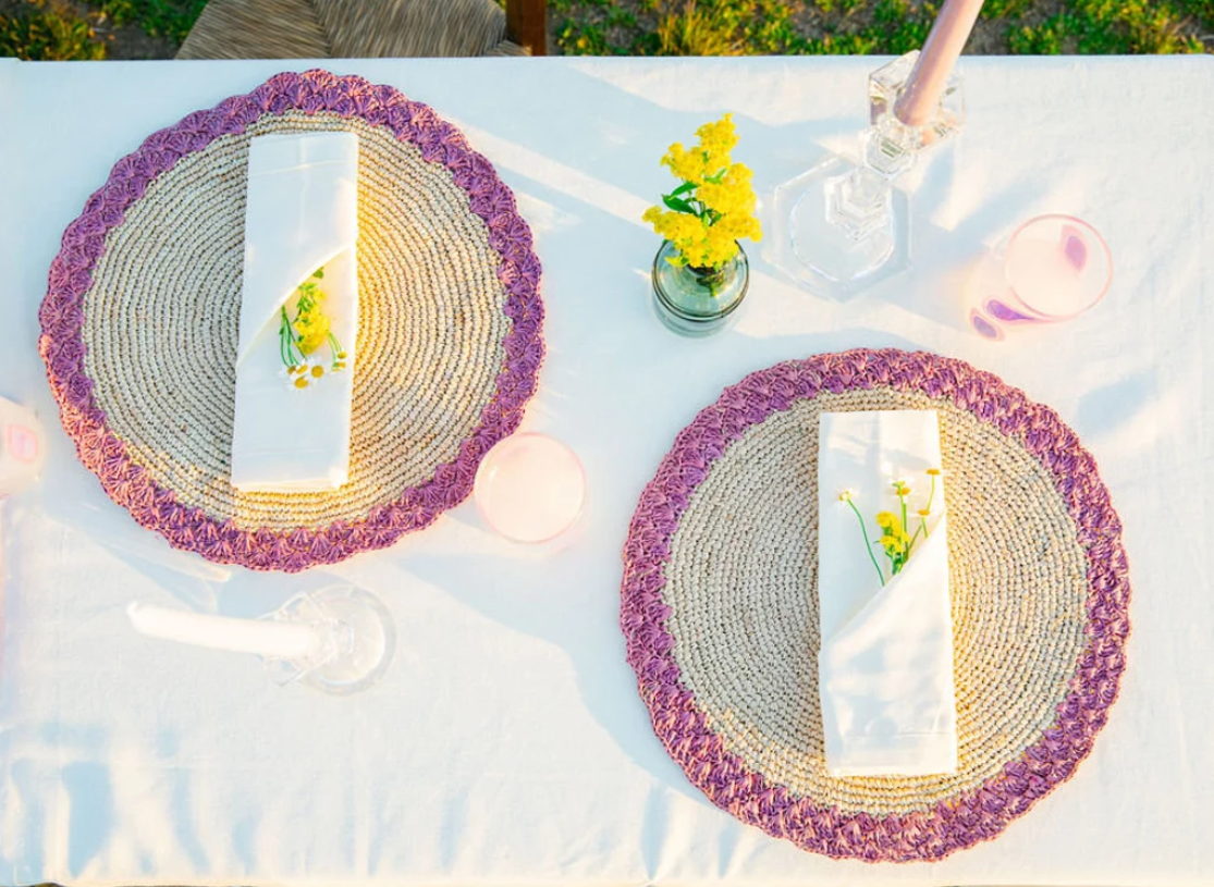 Round placemat with lavender edges, Colorful round placemat, natural fiber round placemat dining table decor , Handmade Placemat