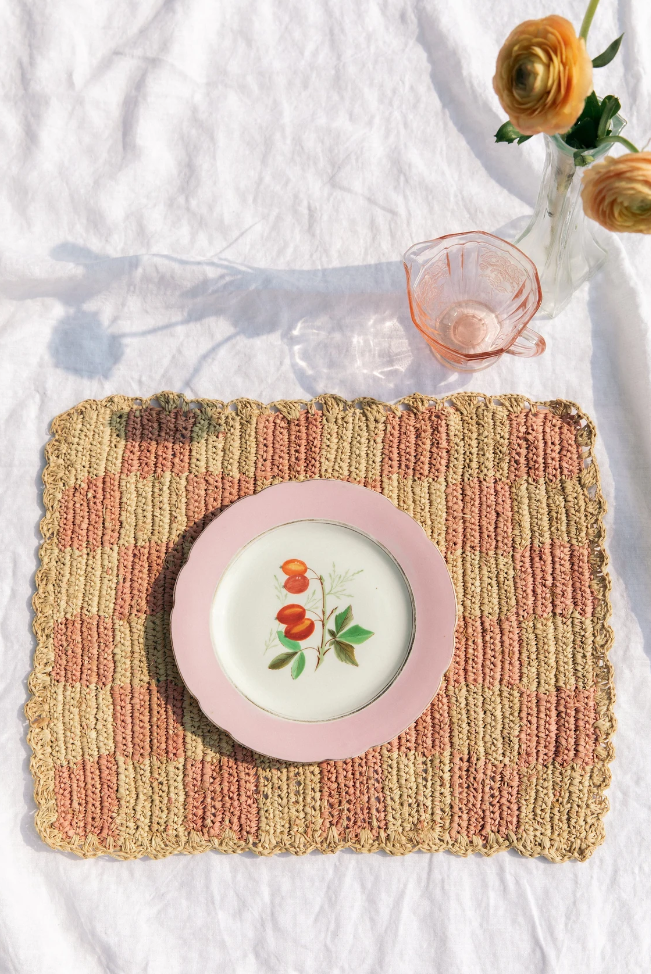 Raffia Rectangular Placemats, Pink Checkered placemats, Colorful Table Mats, Decorative Placemats, Multicolor placemats for Table Decor