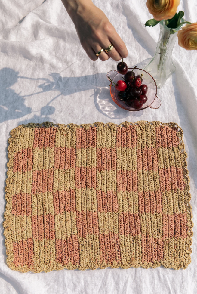 Raffia Rectangular Placemats, Pink Checkered placemats, Colorful Table Mats, Decorative Placemats, Multicolor placemats for Table Decor