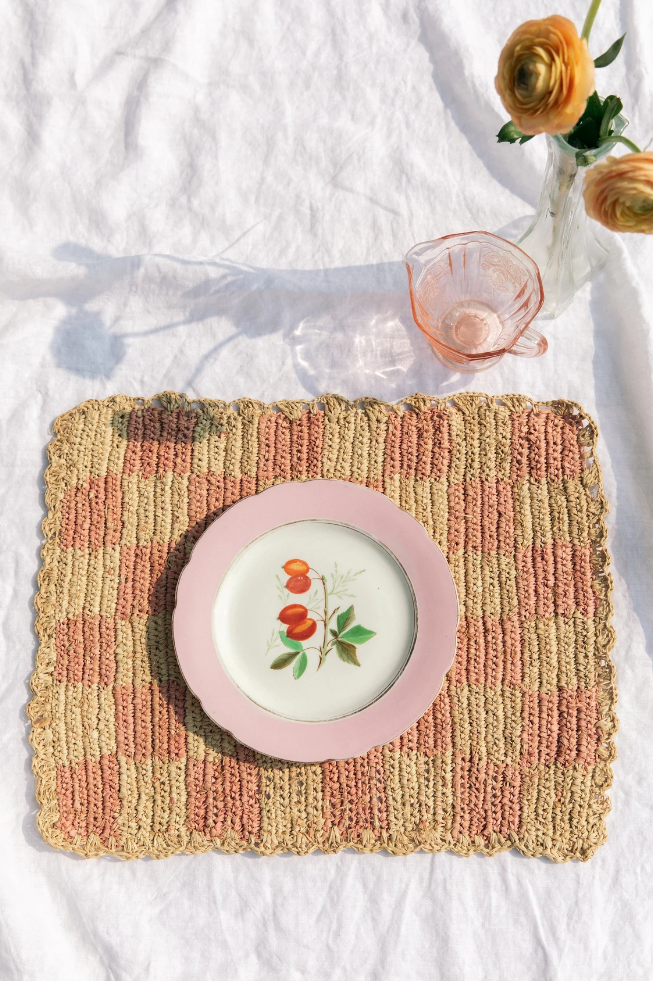 Raffia Rectangular Placemats, Pink Checkered placemats, Colorful Table Mats, Decorative Placemats, Multicolor placemats for Table Decor