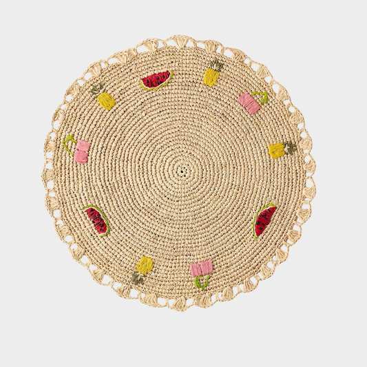 Handwoven Fruit Salad Embroidered Raffia Placemat
