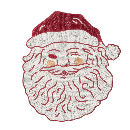 Beaded Santa Claus face design on a gray background