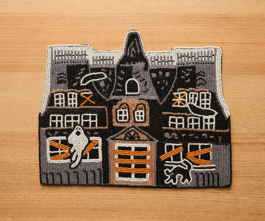 Haunted House Beaded Placemat – Handmade Halloween Table Mat – Spooky Ghost Cat Decor – Gothic Fall Dining Accent